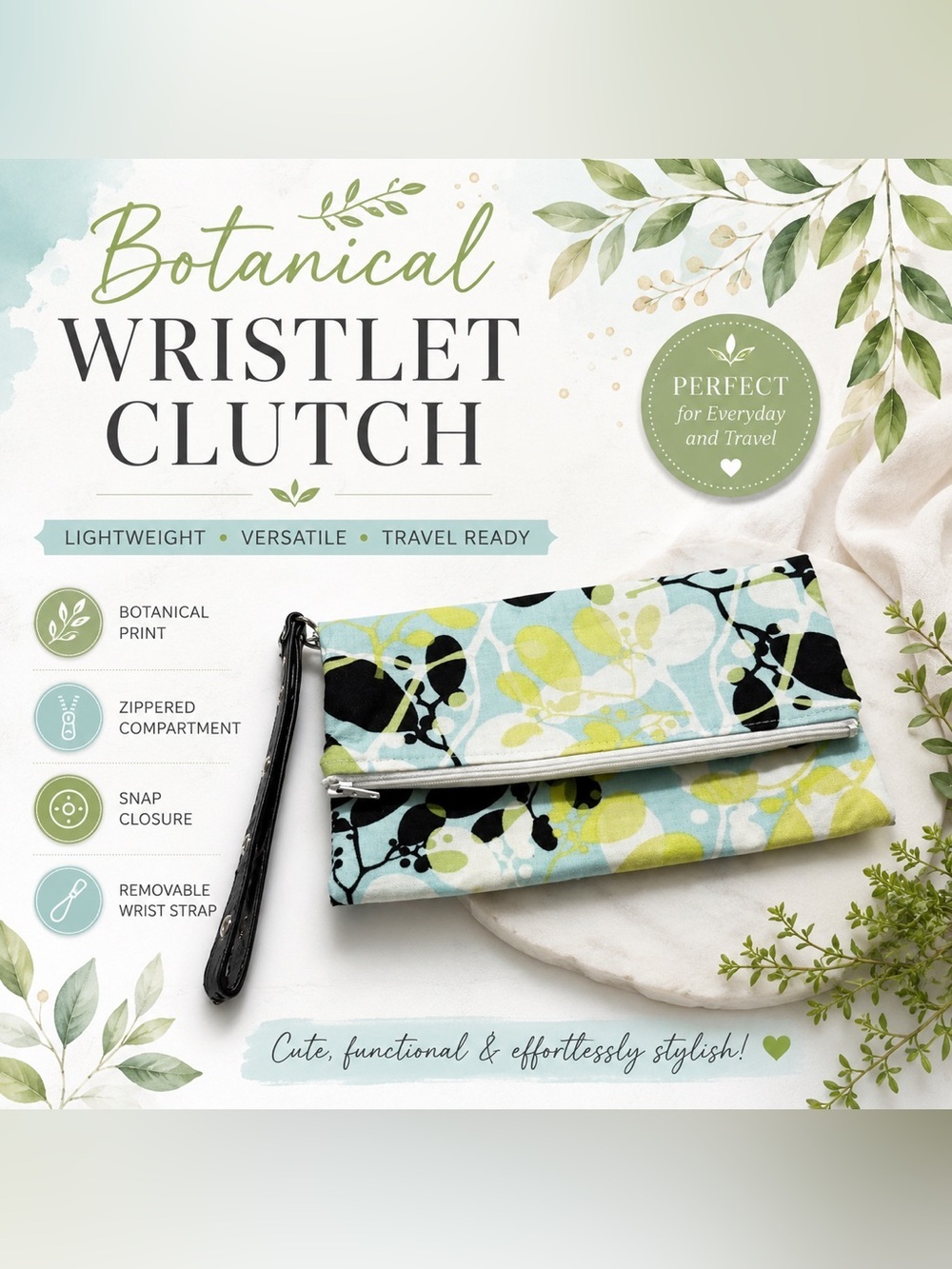 Siam Square Foldover Wristlet Clutch Botanical Print Zip Pouch Wallet